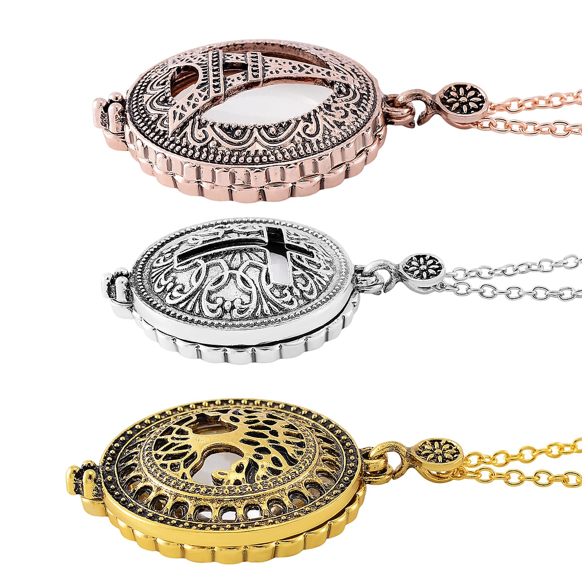Set of 3 5X Magnifying Glass Lens Cross, Tree of Life and Eiffel Tower Necklace in Tri-tone 30-32 Inches image number 2