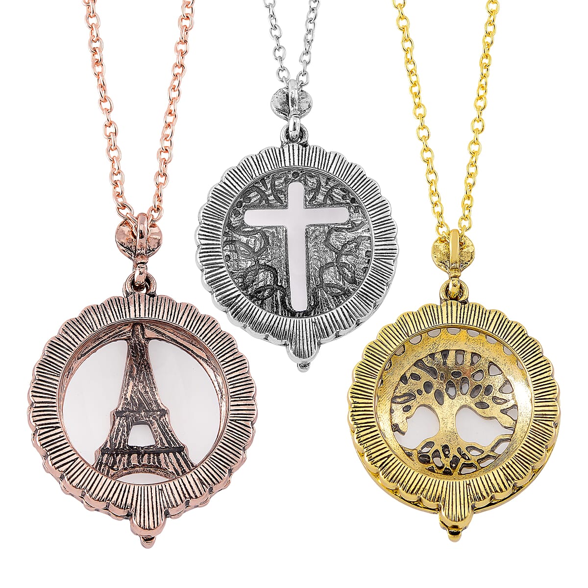 Set of 3 5X Magnifying Glass Lens Cross, Tree of Life and Eiffel Tower Necklace in Tri-tone 30-32 Inches image number 3