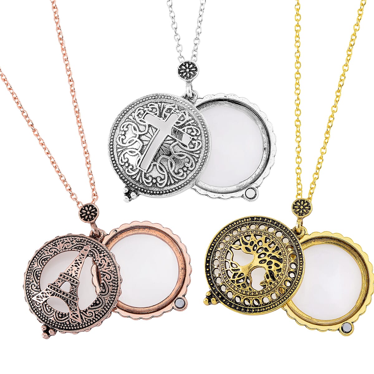 Set of 3 5X Magnifying Glass Lens Cross, Tree of Life and Eiffel Tower Necklace in Tri-tone 30-32 Inches image number 4