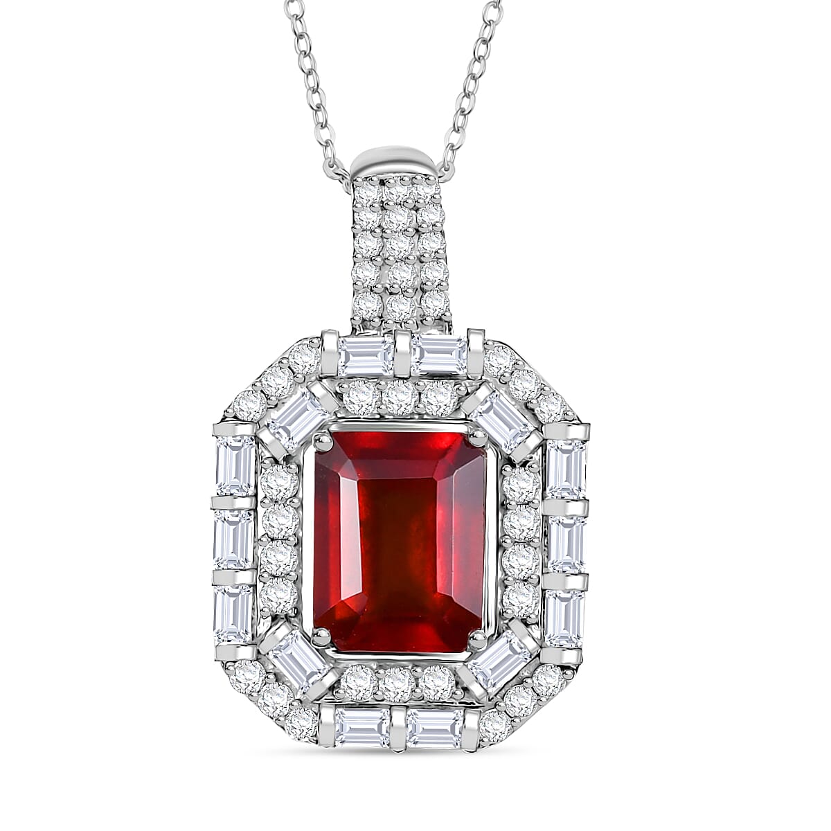 D'Joy Ceylon Hessonite Garnet and Moissanite 4.15 ctw Art Deco Pendant Necklace 20 Inches in Rhodium Over Sterling Silver image number 0