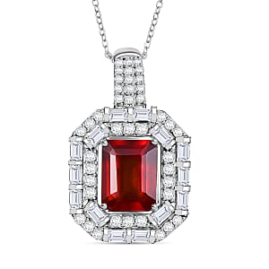 D'Joy Ceylon Hessonite Garnet and Moissanite 4.15 ctw Art Deco Pendant Necklace 20 Inches in Rhodium Over Sterling Silver