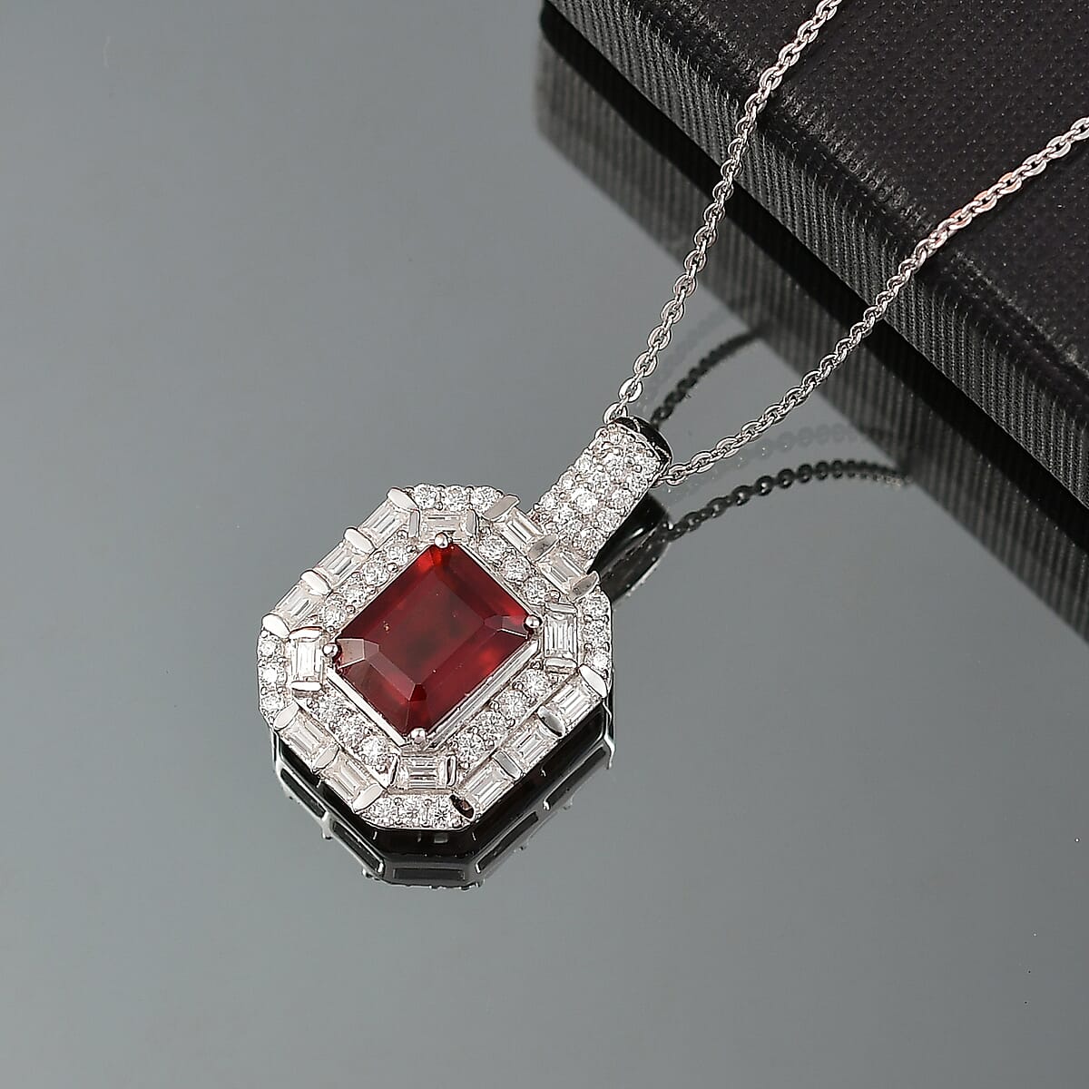 D'Joy Ceylon Hessonite Garnet and Moissanite 4.15 ctw Art Deco Pendant Necklace 20 Inches in Rhodium Over Sterling Silver image number 1