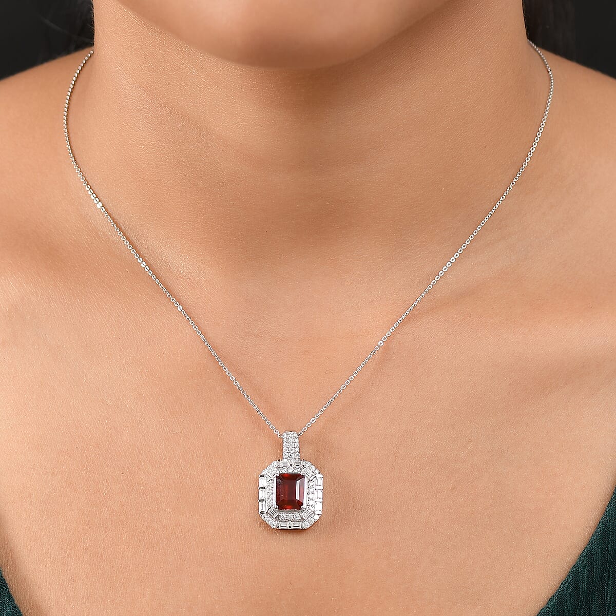D'Joy Ceylon Hessonite Garnet and Moissanite 4.15 ctw Art Deco Pendant Necklace 20 Inches in Rhodium Over Sterling Silver image number 2