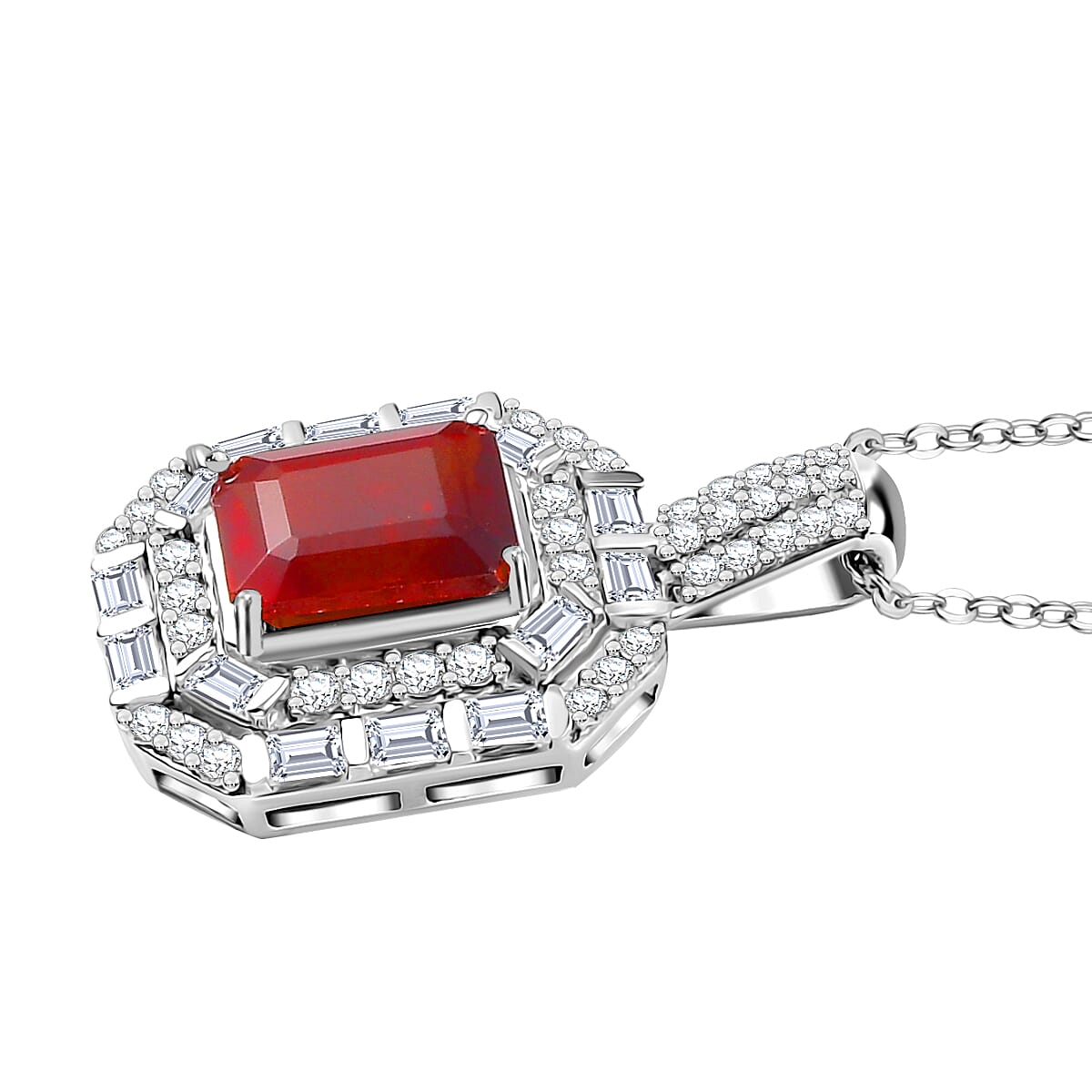 D'Joy Ceylon Hessonite Garnet and Moissanite 4.15 ctw Art Deco Pendant Necklace 20 Inches in Rhodium Over Sterling Silver image number 3