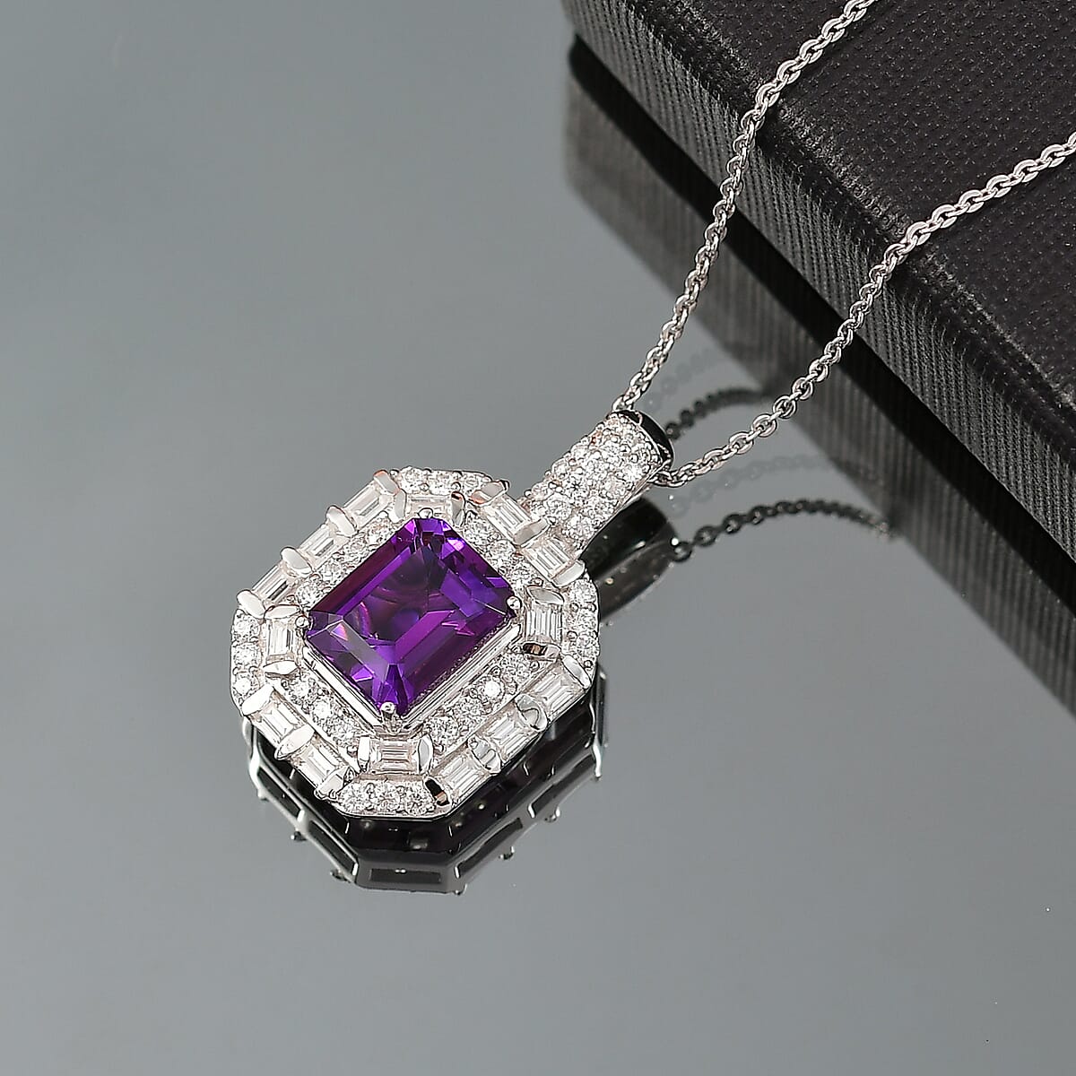 D'Joy Moroccan Amethyst and Moissanite 3.50 ctw Art Deco Pendant Necklace 20 Inches in Rhodium Over Sterling Silver image number 1