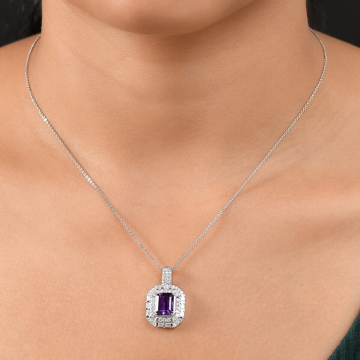 D'Joy Moroccan Amethyst and Moissanite 3.50 ctw Art Deco Pendant Necklace 20 Inches in Rhodium Over Sterling Silver image number 2