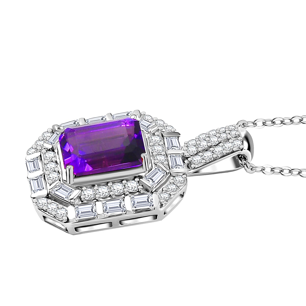 D'Joy Moroccan Amethyst and Moissanite 3.50 ctw Art Deco Pendant Necklace 20 Inches in Rhodium Over Sterling Silver image number 3