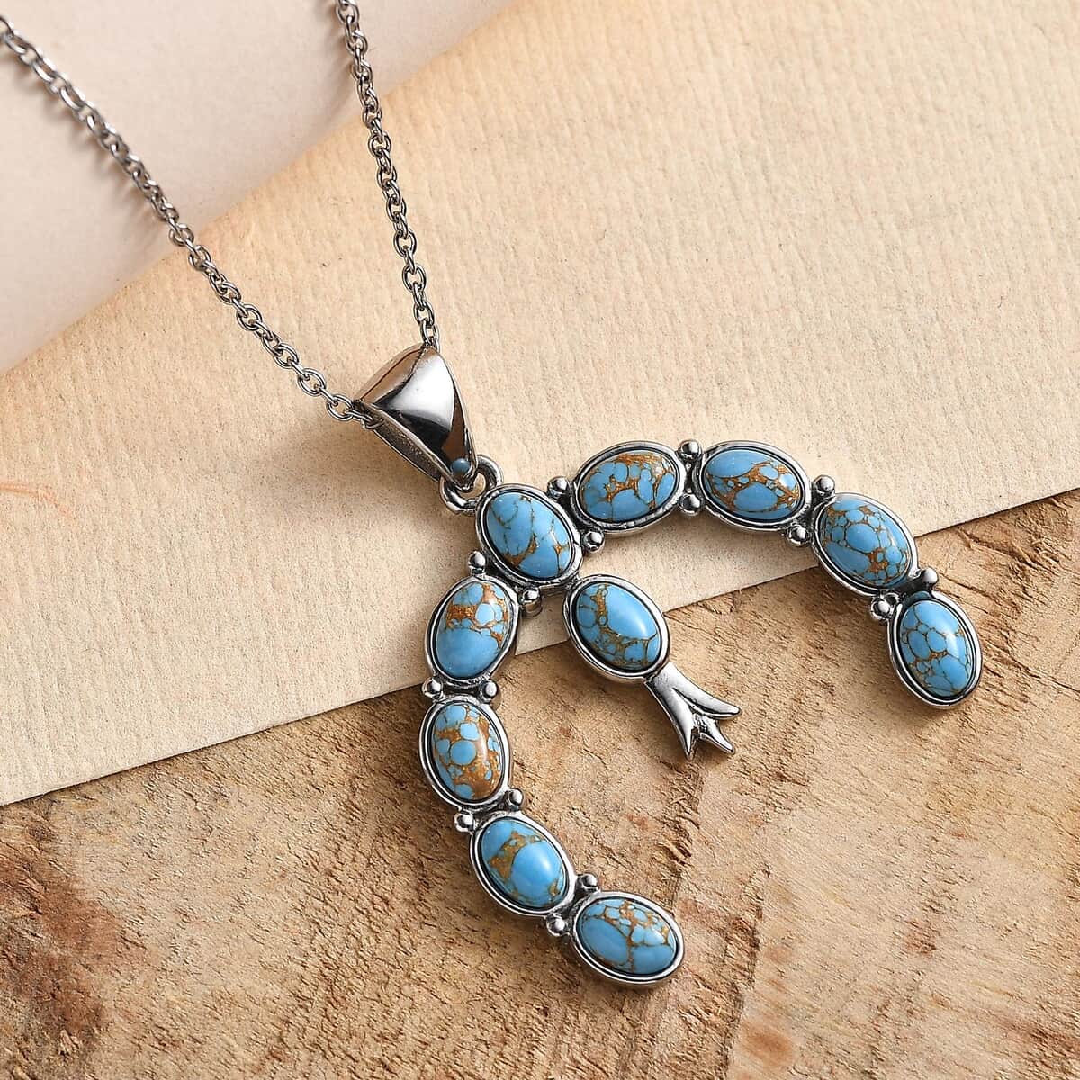 Mojave Blue Turquoise 5.35 ctw Squash Blossom Pendant Necklace 20 Inches in Stainless Steel image number 1