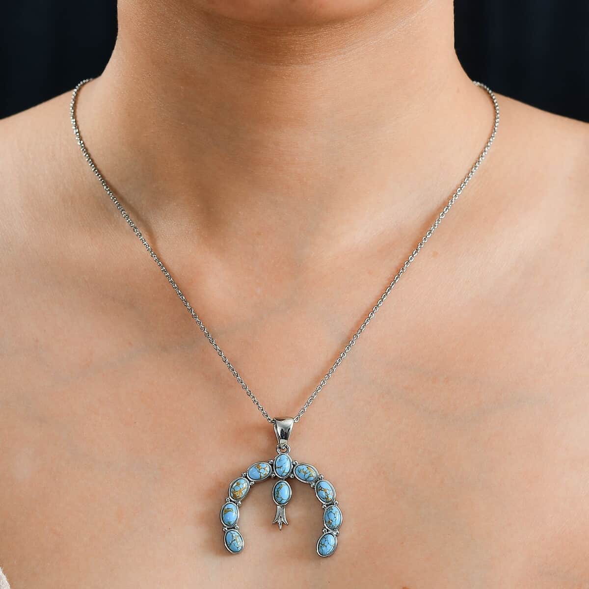 Mojave Blue Turquoise 5.35 ctw Squash Blossom Pendant Necklace 20 Inches in Stainless Steel image number 2