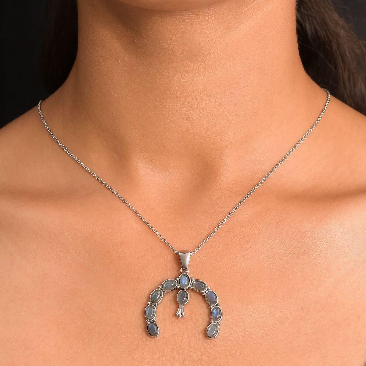 Malagasy Labradorite 2.10 ctw Squash Blossom Pendant Necklace in Stainless Steel 20 Inches image number 1