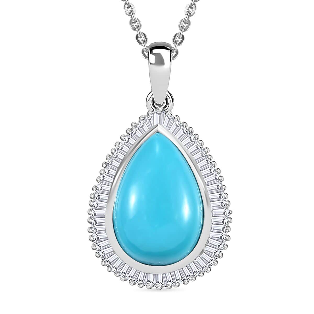 Premium Sleeping Beauty Turquoise and Diamond 4.25 ctw Dewdrop Pendant Necklace 20 Inches in Rhodium Over Sterling Silver image number 0