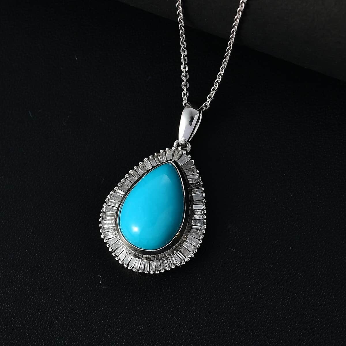 Premium Sleeping Beauty Turquoise and Diamond 4.25 ctw Dewdrop Pendant Necklace 20 Inches in Rhodium Over Sterling Silver image number 1