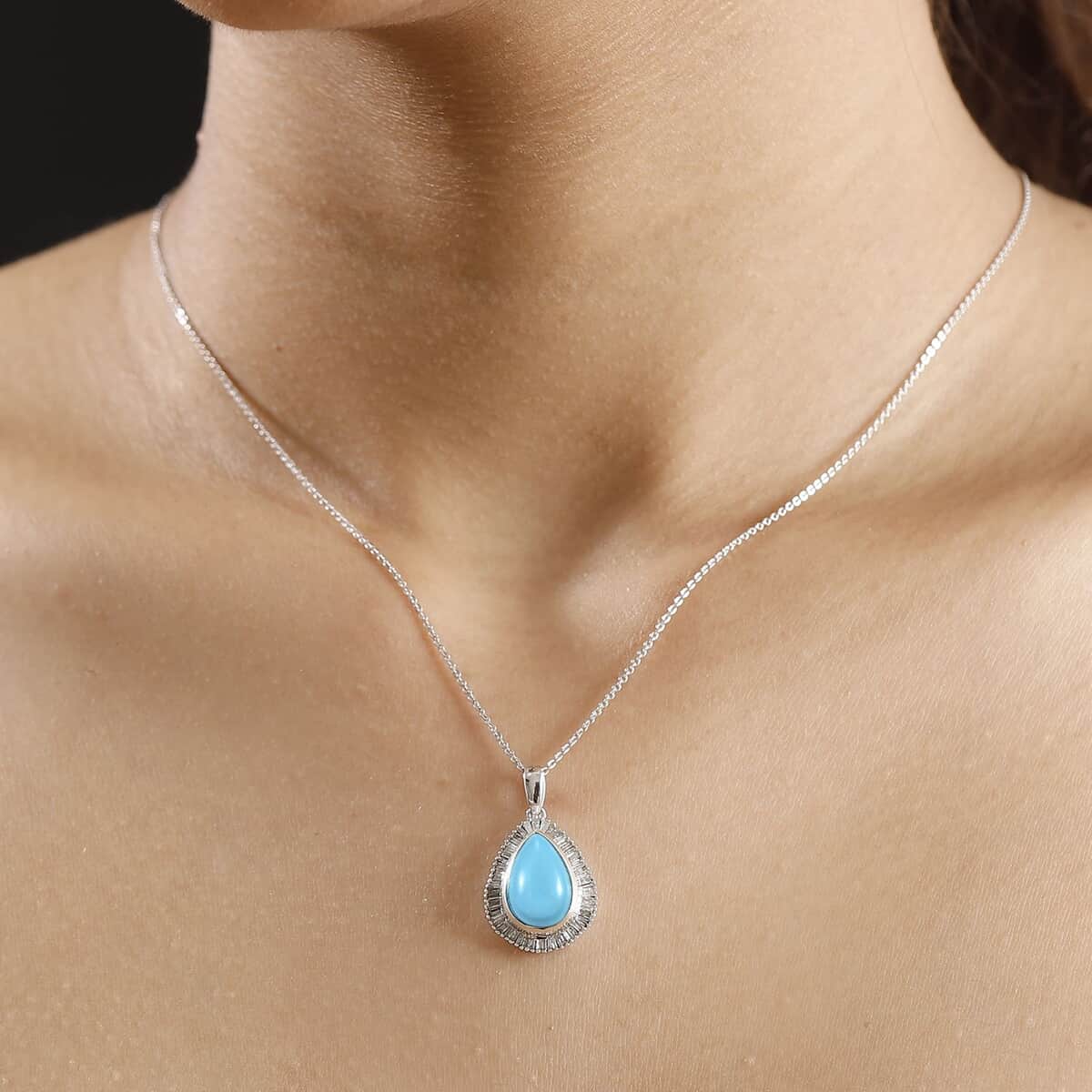 Premium Sleeping Beauty Turquoise and Diamond 4.25 ctw Dewdrop Pendant Necklace 20 Inches in Rhodium Over Sterling Silver image number 2