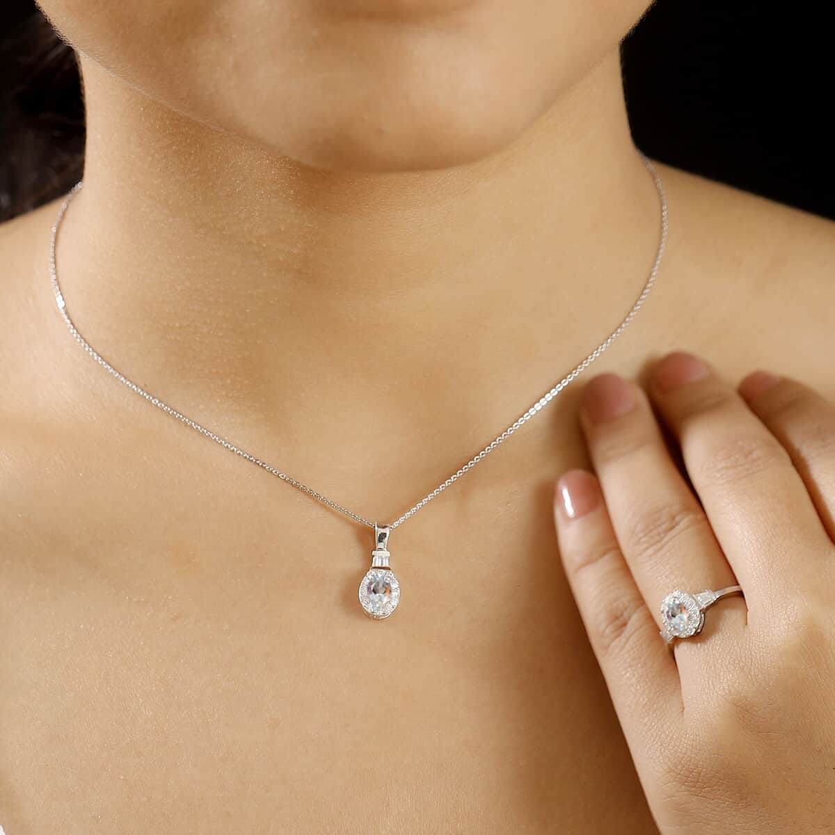 Premium Malagasy Moonstone and Moissanite 1.50 ctw Halo Ring (Size 5.0) and Pendant Necklace in Rhodium Over Sterling Silver 20 Inches image number 2