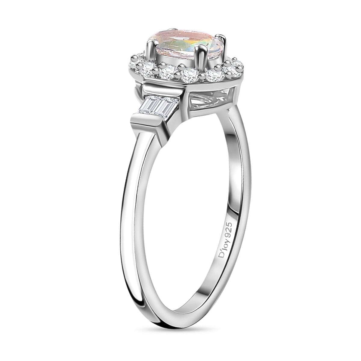 Premium Malagasy Moonstone and Moissanite 1.50 ctw Halo Ring (Size 5.0) and Pendant Necklace in Rhodium Over Sterling Silver 20 Inches
