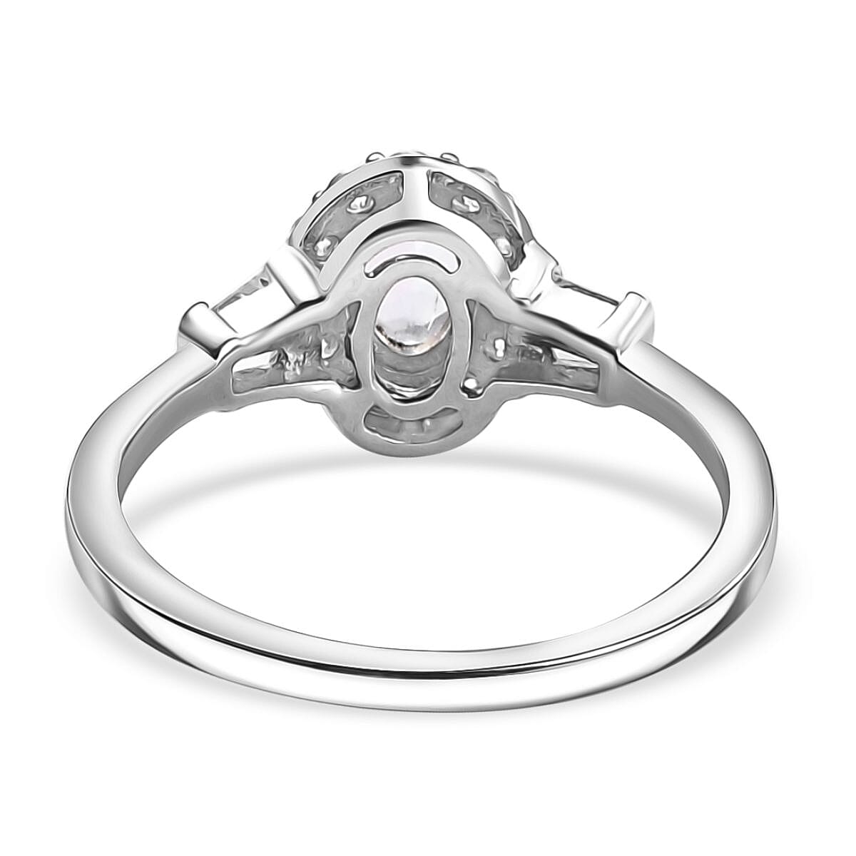 Premium Malagasy Moonstone and Moissanite 1.50 ctw Halo Ring (Size 5.0) and Pendant Necklace in Rhodium Over Sterling Silver 20 Inches