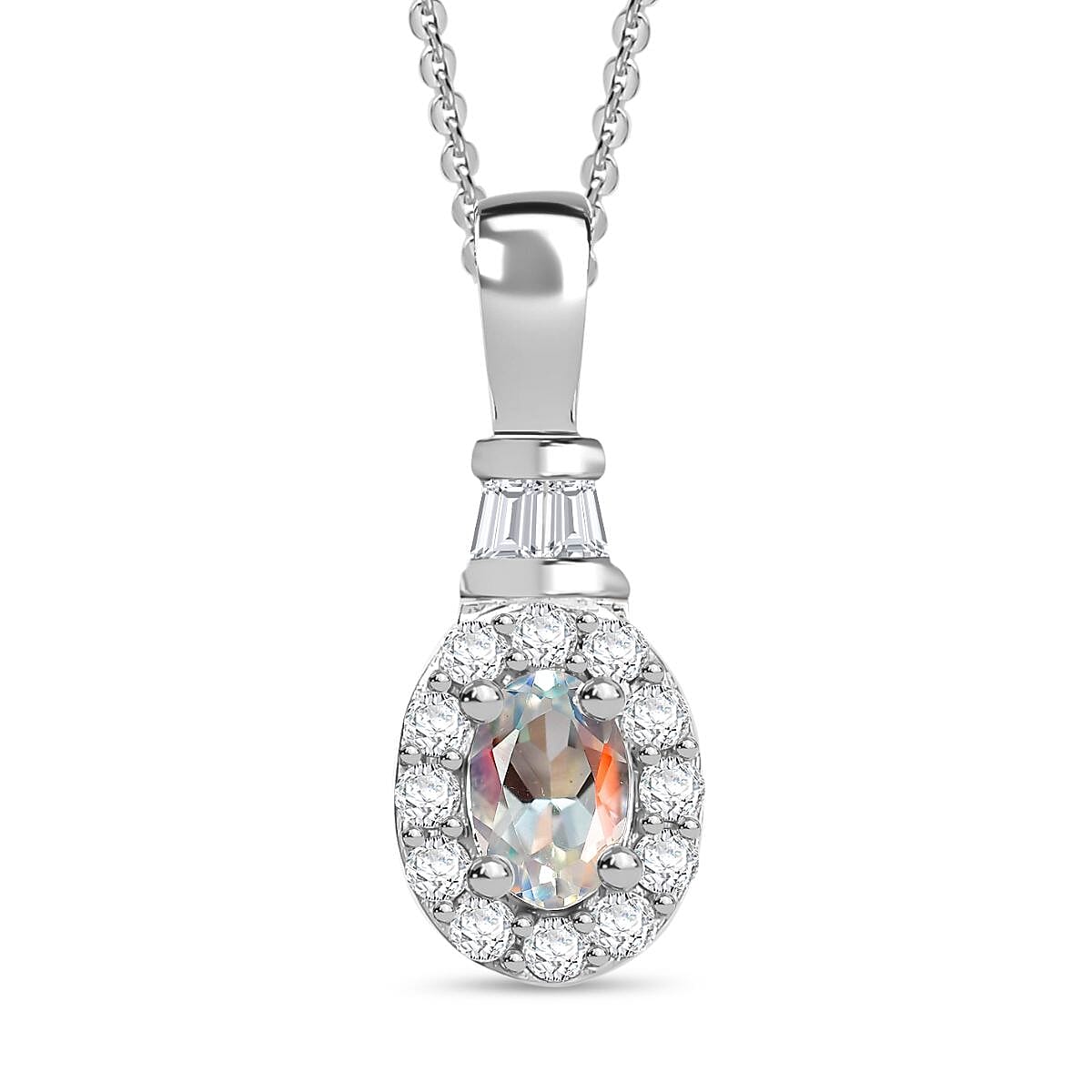 Premium Malagasy Moonstone and Moissanite 1.50 ctw Halo Ring (Size 5.0) and Pendant Necklace in Rhodium Over Sterling Silver 20 Inches