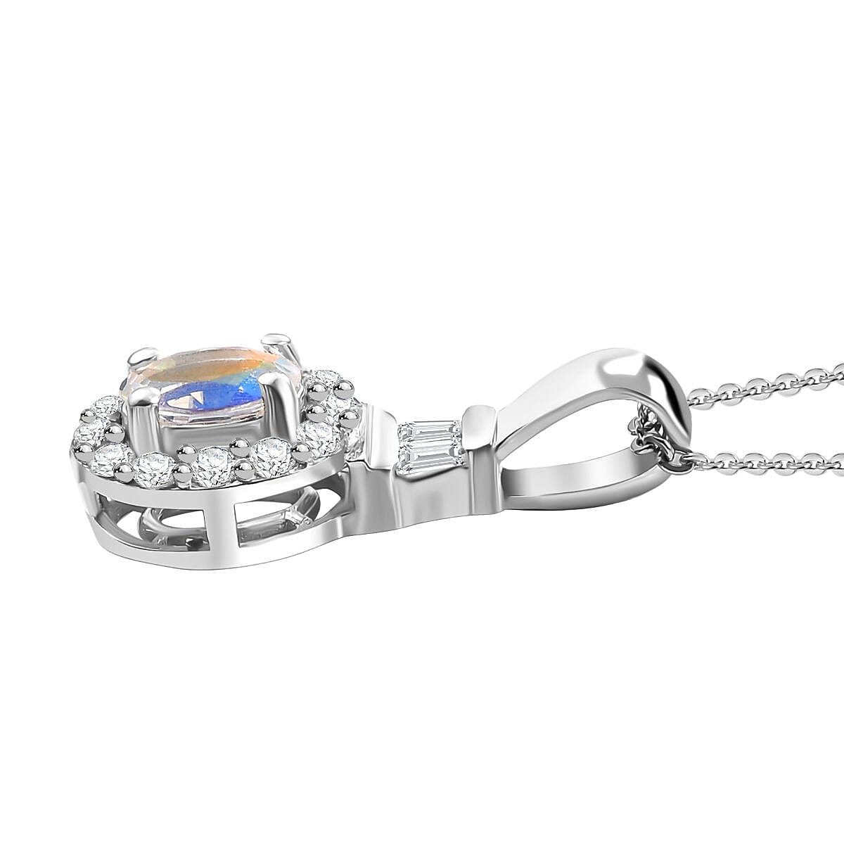 Premium Malagasy Moonstone and Moissanite 1.50 ctw Halo Ring (Size 5.0) and Pendant Necklace in Rhodium Over Sterling Silver 20 Inches