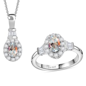 Premium Malagasy Moonstone and Moissanite 1.50 ctw Halo Ring (Size 6.0) and Pendant Necklace in Rhodium Over Sterling Silver 20 Inches