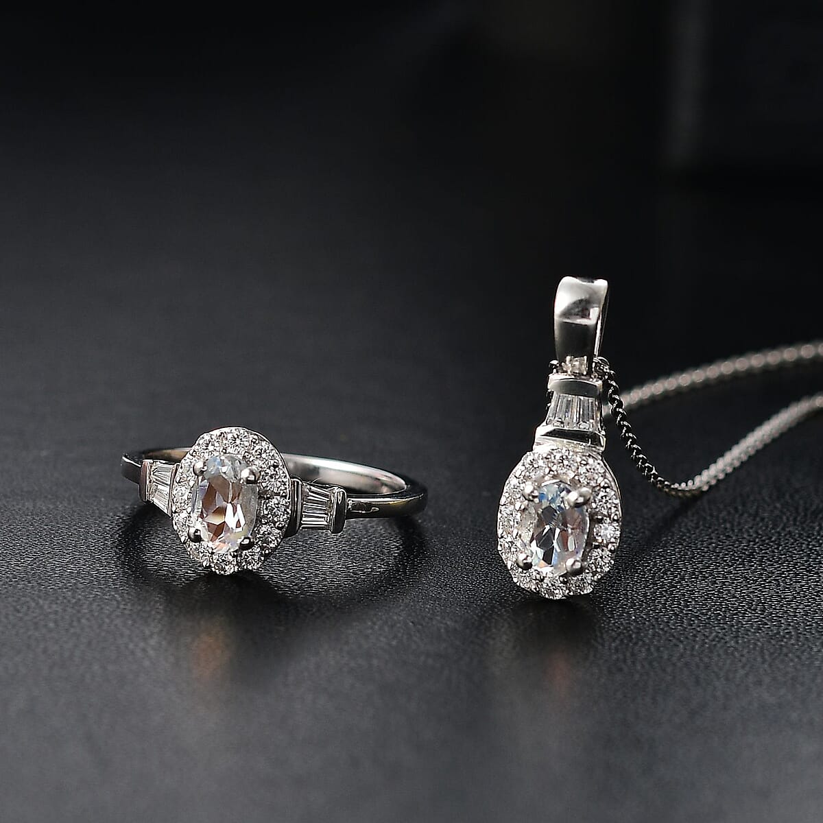 Premium Malagasy Moonstone and Moissanite 1.50 ctw Halo Ring (Size 8.0) and Pendant Necklace in Rhodium Over Sterling Silver 20 Inches image number 1