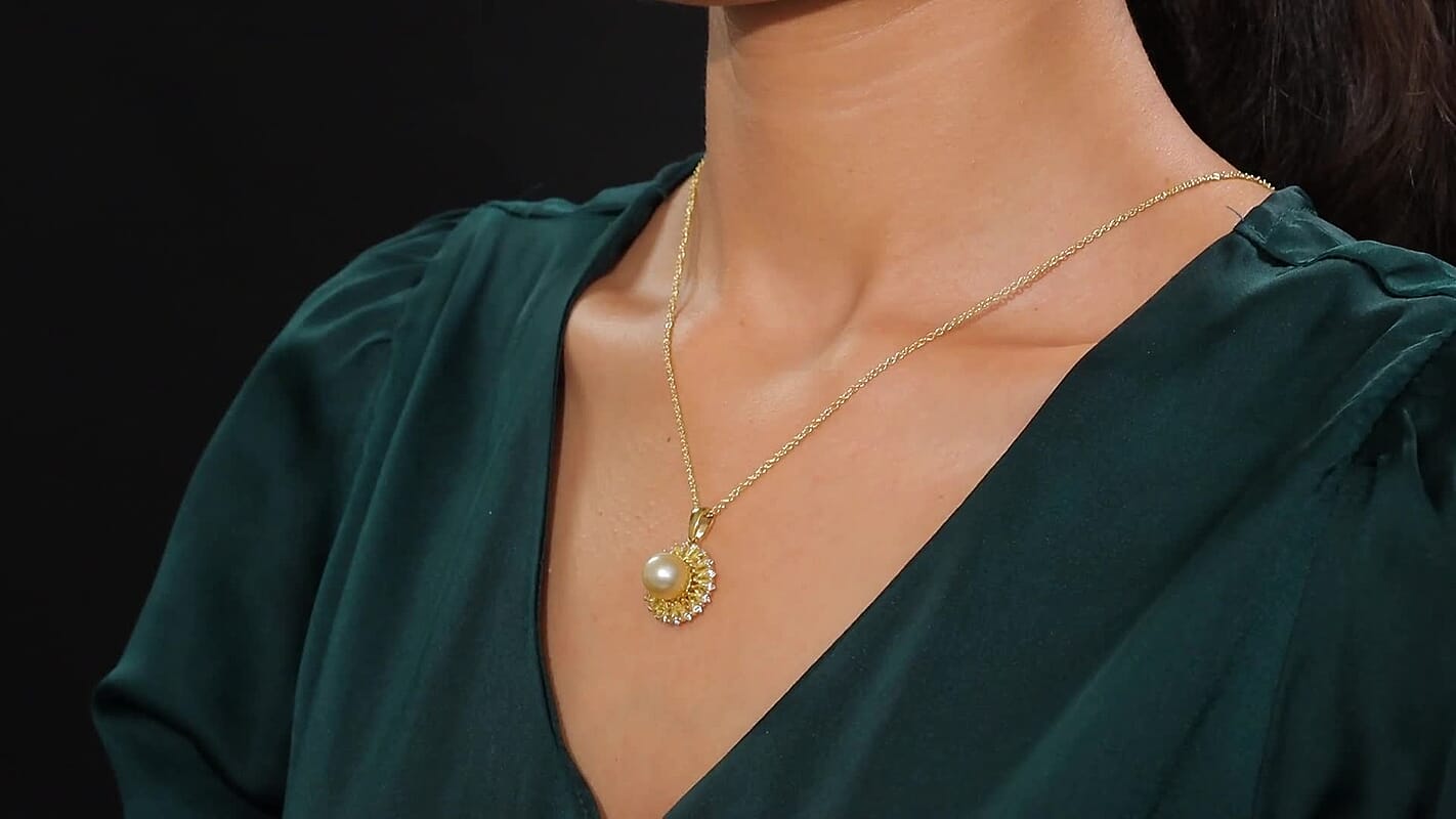 D'Joy South Sea Golden Cultured Pearl and Multi Gemstone 2.00 ctw Pendant Necklace in 18K Vermeil Yellow Gold Over Sterling Silver 20 Inches
