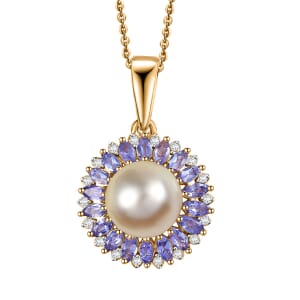 D'Joy South Sea Golden Cultured Pearl and Multi Gemstone 1.70 ctw Pendant Necklace 20 Inches in 18K Vermeil Yellow Gold Over Sterling Silver