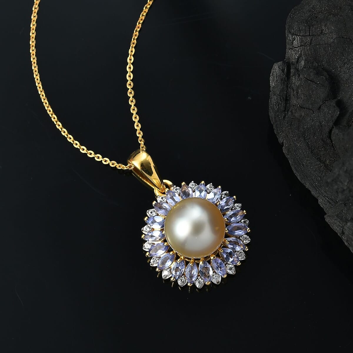 D'Joy South Sea Golden Cultured Pearl and Multi Gemstone 1.70 ctw Pendant Necklace 20 Inches in 18K Vermeil Yellow Gold Over Sterling Silver image number 1