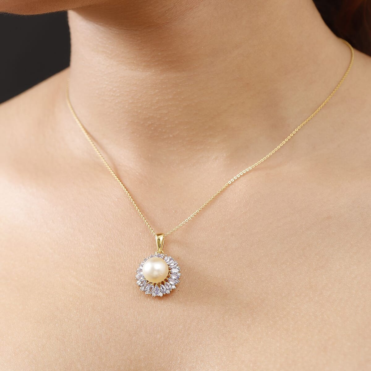 D'Joy South Sea Golden Cultured Pearl and Multi Gemstone 1.70 ctw Pendant Necklace 20 Inches in 18K Vermeil Yellow Gold Over Sterling Silver image number 2