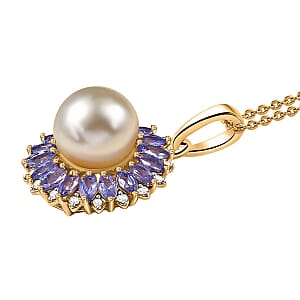 D'Joy South Sea Golden Cultured Pearl and Multi Gemstone 1.70 ctw Dawn to Dusk Pendant Necklace 20 Inches in 18K Vermeil Yellow Gold Over Sterling Silver