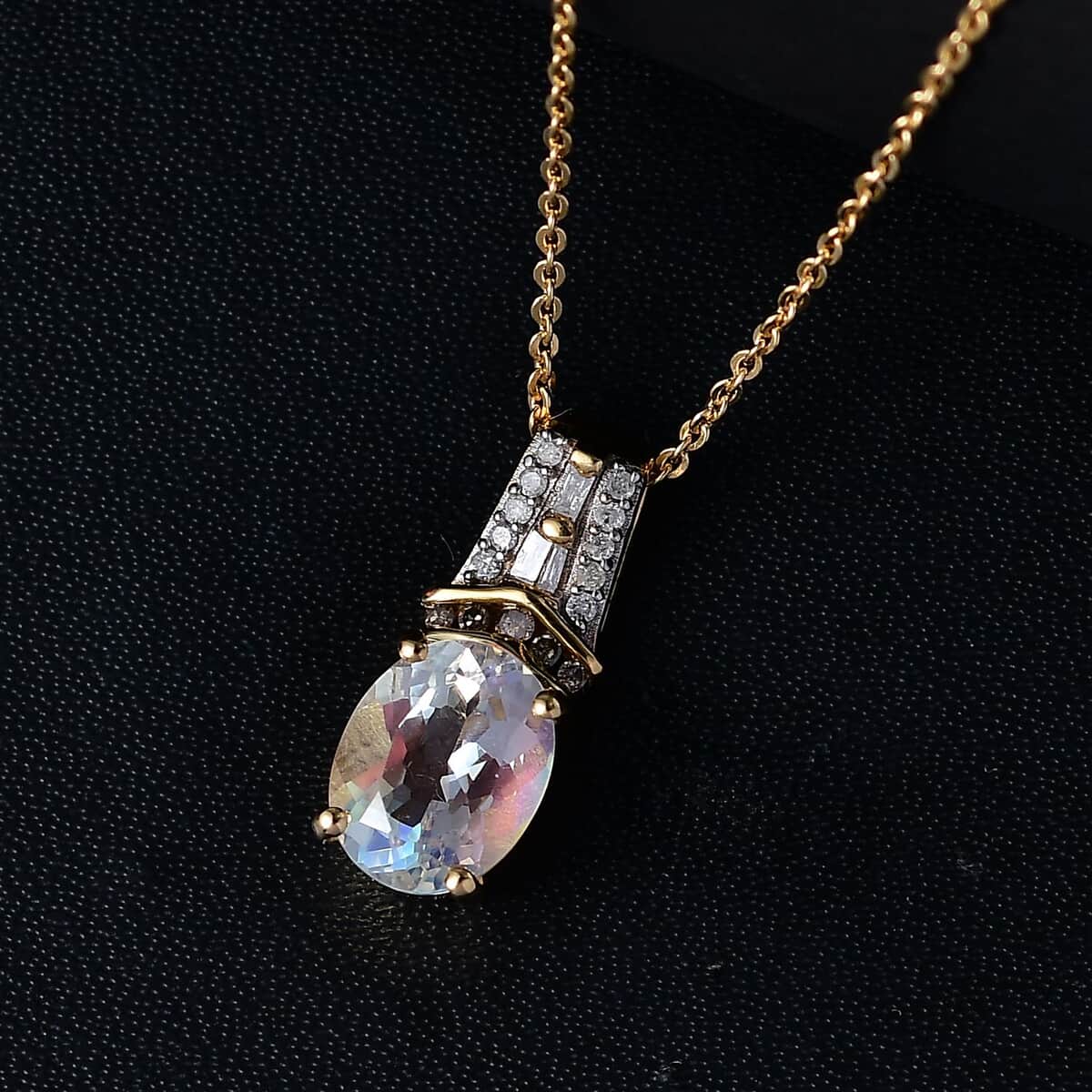 Premium Malagasy Moonstone, Natural Champagne and White Diamond 2.00 ctw Pendant Necklace in 18K Vermeil Yellow Gold Over Sterling Silver 20 Inches image number 1