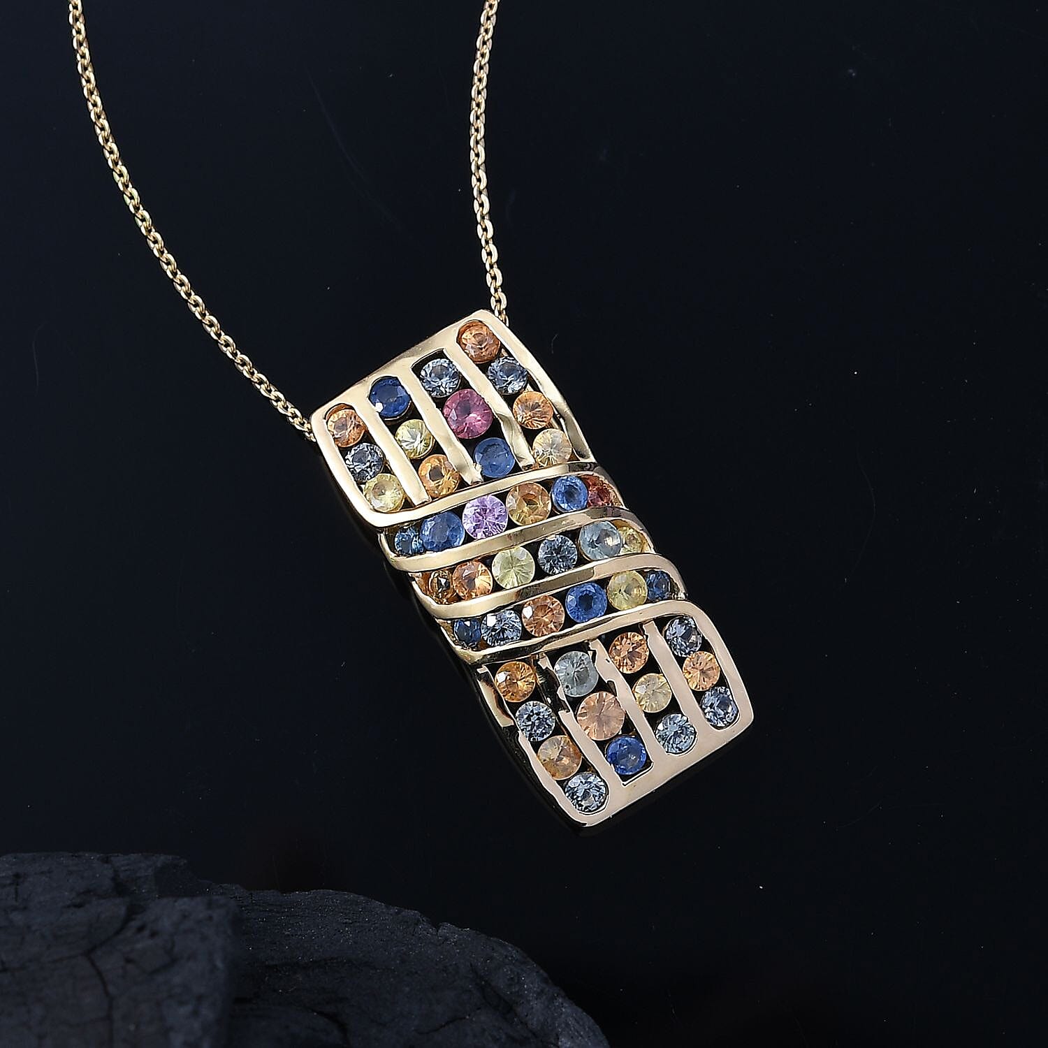 D'Joy Multi Sapphire 3.50 ctw Ocean Waves Pendant Necklace in 18K Vermeil Yellow Gold Over Sterling Silver 20 Inches