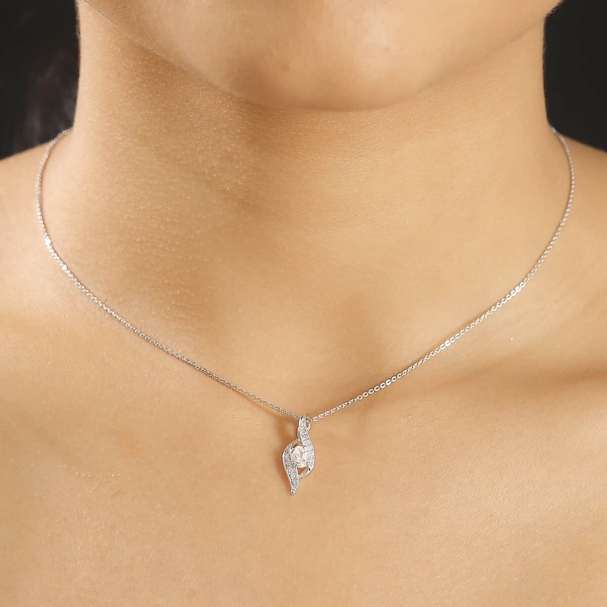 Premium Malagasy Moonstone and White Zircon 0.40 ctw Pendant Necklace in Rhodium Over Sterling Silver 20 Inches image number 2