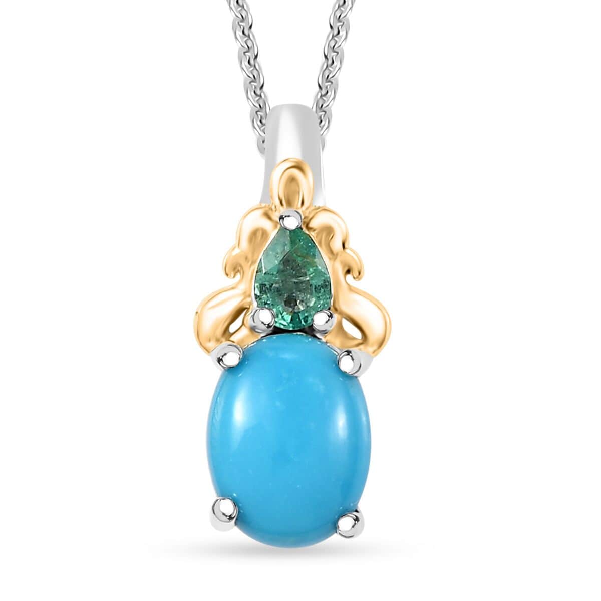 Doorbuster Sleeping Beauty Turquoise and Kagem Zambian Emerald 1.75 ctw Pendant Necklace in 18K Vermeil YG and Rhodium Over Sterling Silver 20 Inches image number 0