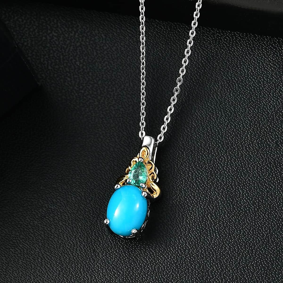 Doorbuster Sleeping Beauty Turquoise and Kagem Zambian Emerald 1.75 ctw Pendant Necklace in 18K Vermeil YG and Rhodium Over Sterling Silver 20 Inches image number 1