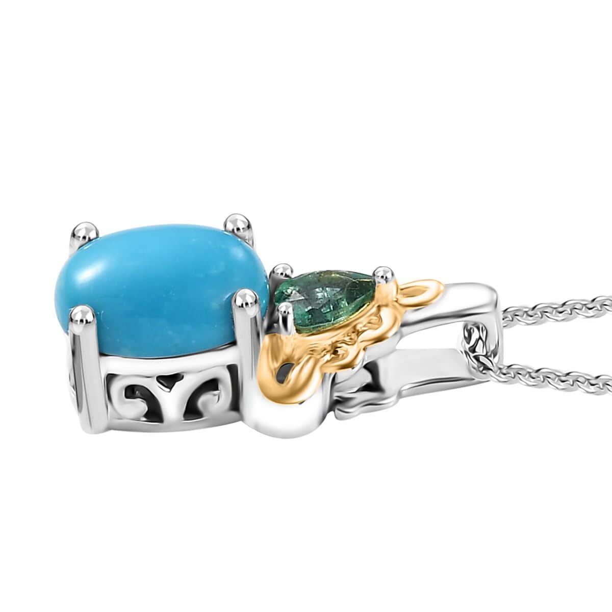 Doorbuster Sleeping Beauty Turquoise and Kagem Zambian Emerald 1.75 ctw Pendant Necklace in 18K Vermeil YG and Rhodium Over Sterling Silver 20 Inches image number 3