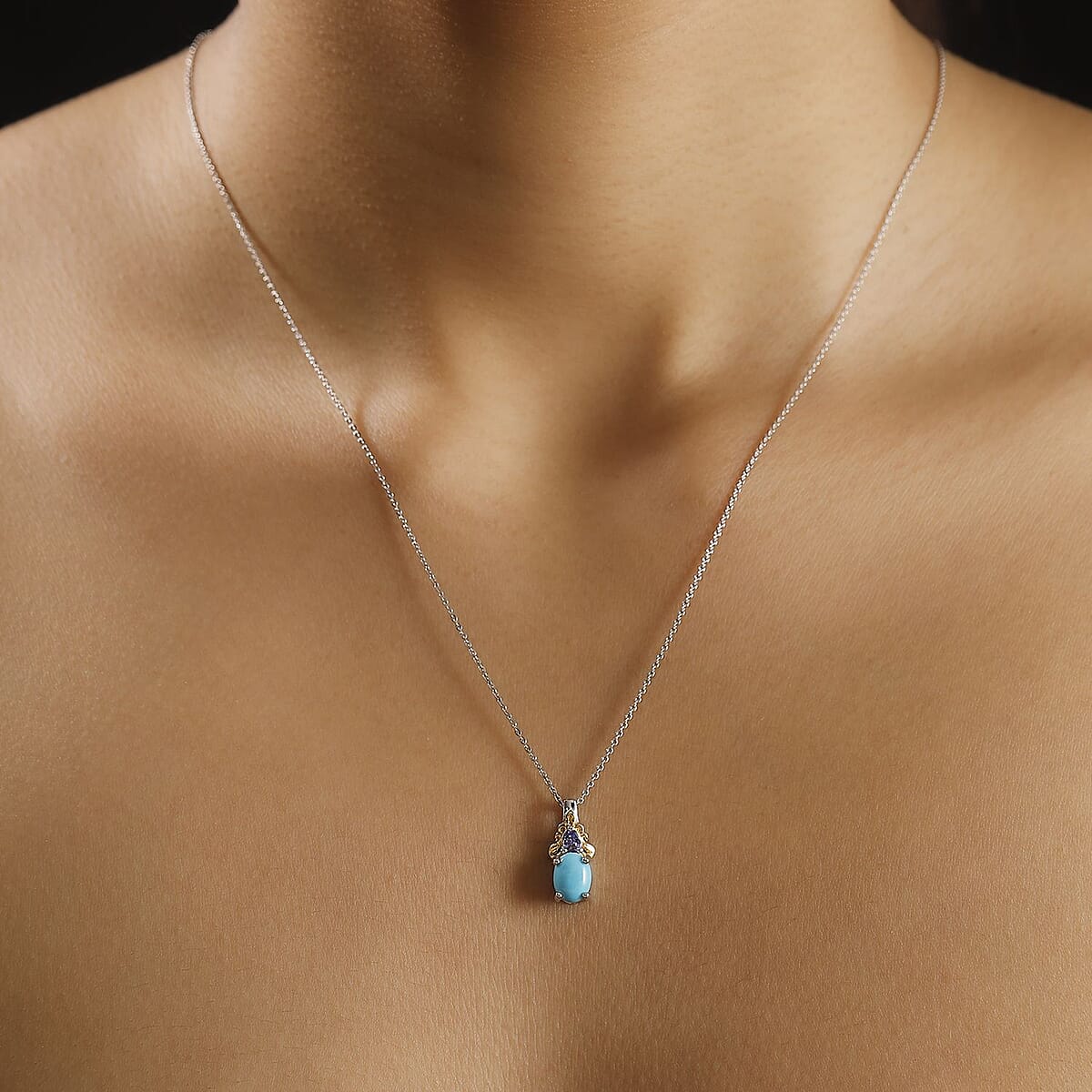 Sleeping Beauty Turquoise and Tanzanite 1.75 ctw Pendant Necklace in 18K Vermeil YG and Rhodium Over Sterling Silver 20 Inches image number 2