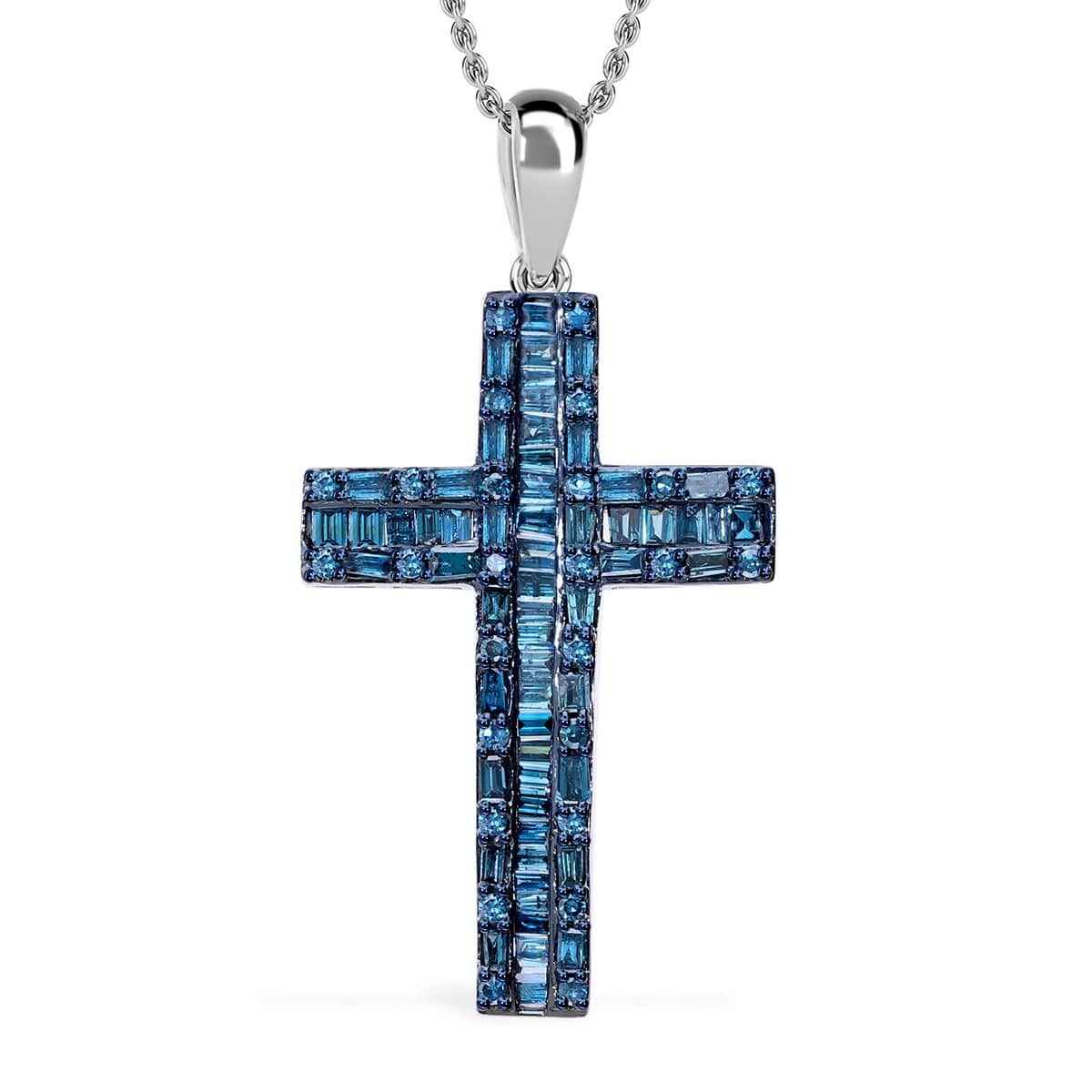 Blue Diamond 1.00 ctw Cross Pendant Necklace in Platinum Over Sterling Silver 18 Inches image number 0