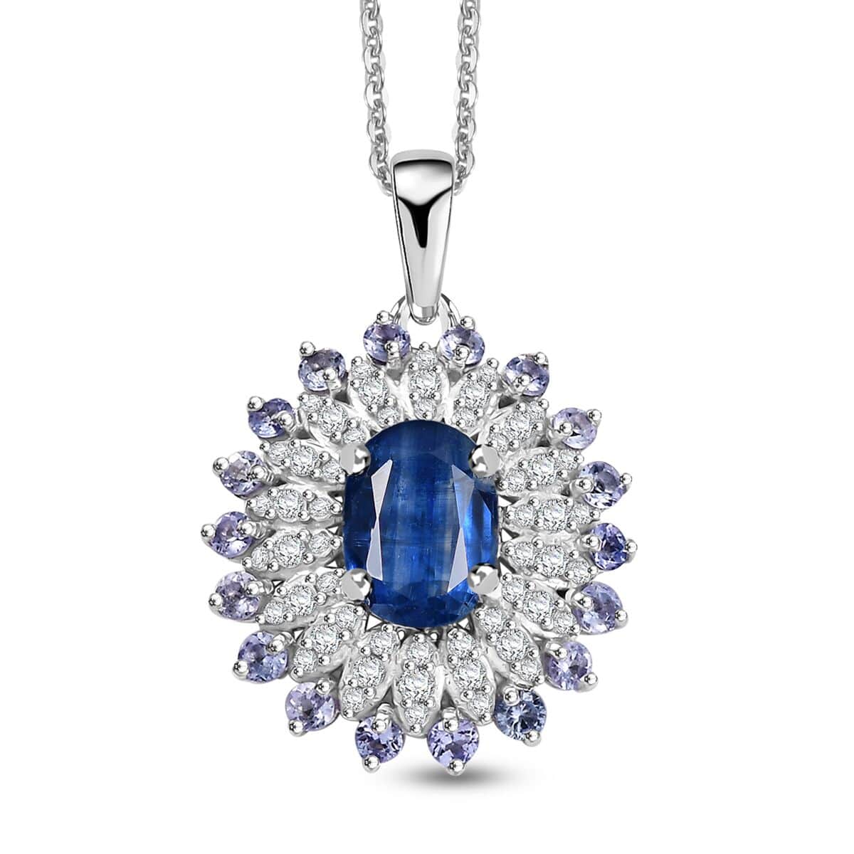 Kashmir Kyanite and Multi Gemstone 2.75 ctw Floral Pendant Necklace in Rhodium Over Sterling Silver 20 Inches image number 0