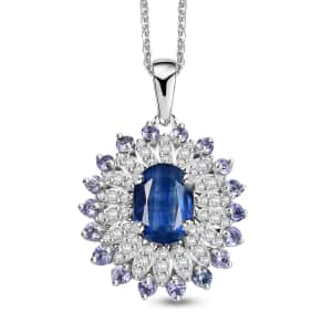 Kashmir Kyanite and Multi Gemstone 2.75 ctw Floral Pendant Necklace in Rhodium Over Sterling Silver 20 Inches