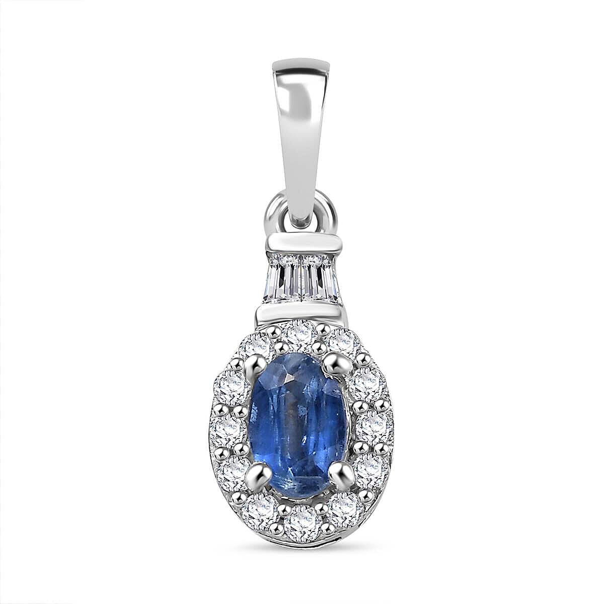 Kashmir Kyanite and White Zircon 2.30 ctw Halo Ring (Size 5.0) and Pendant Necklace in Rhodium Over Sterling Silver 20 Inches
