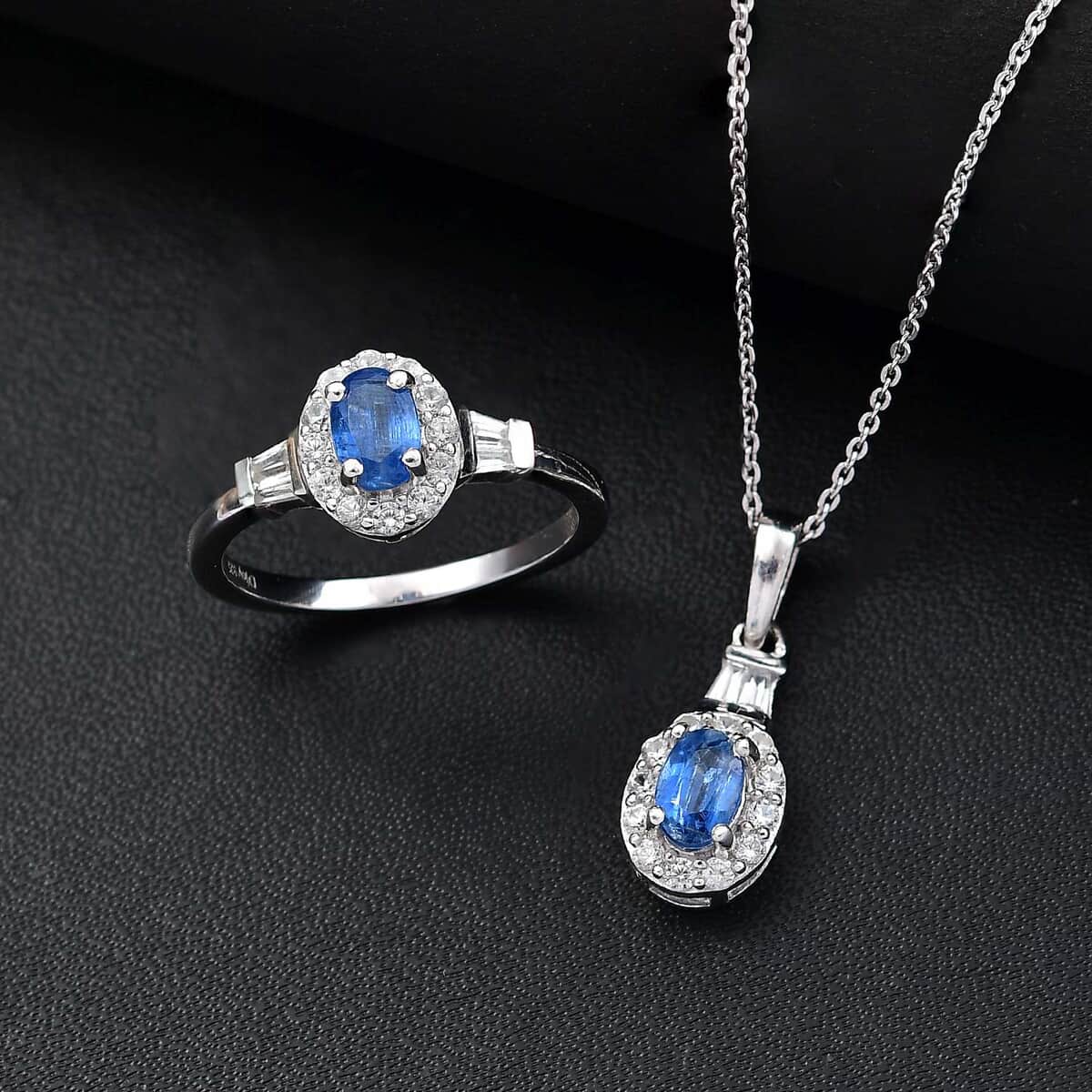 Kashmir Kyanite and White Zircon 2.30 ctw Halo Ring (Size 7.0) and Pendant Necklace in Rhodium Over Sterling Silver 20 Inches image number 1