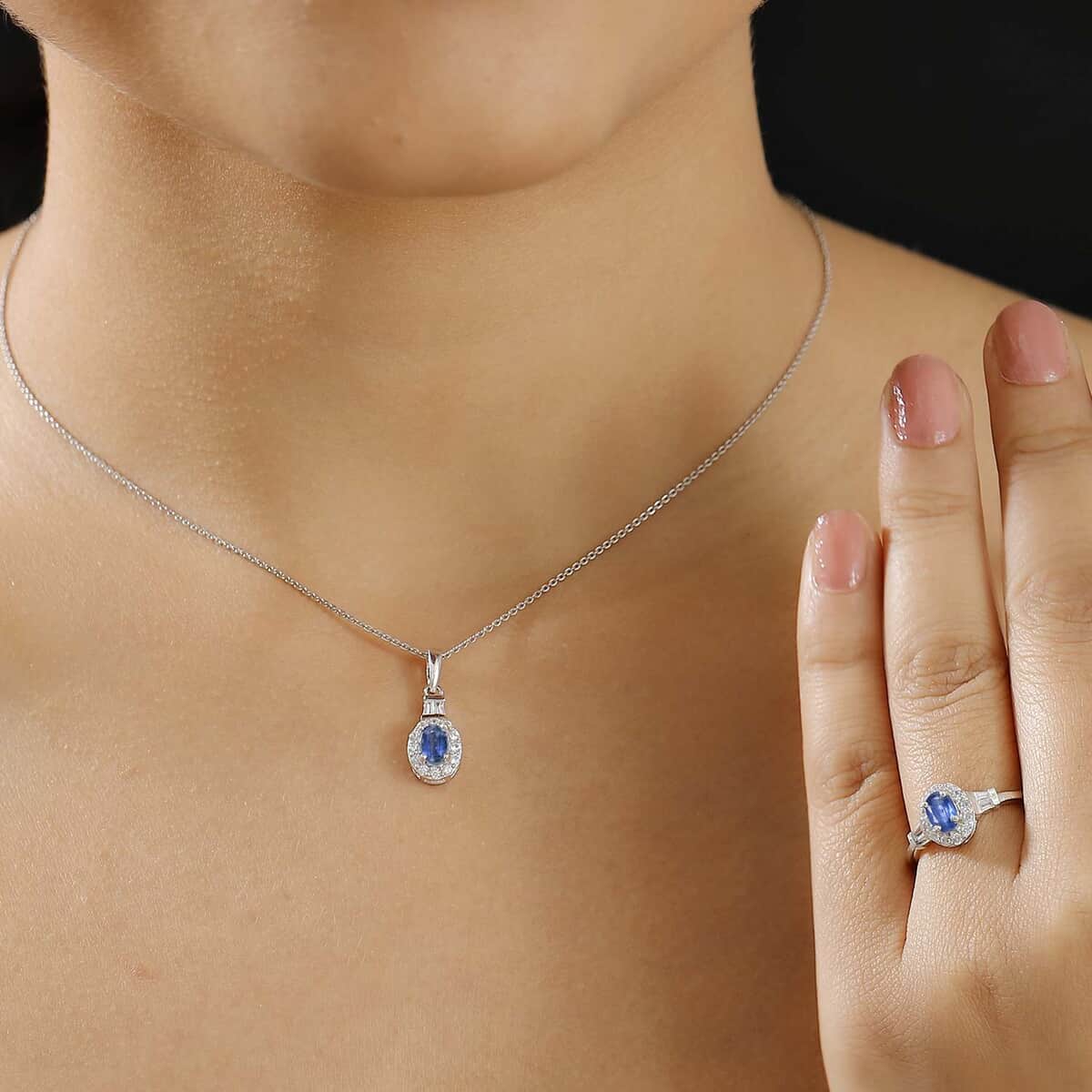 Kashmir Kyanite and White Zircon 2.30 ctw Halo Ring (Size 7.0) and Pendant Necklace in Rhodium Over Sterling Silver 20 Inches image number 2