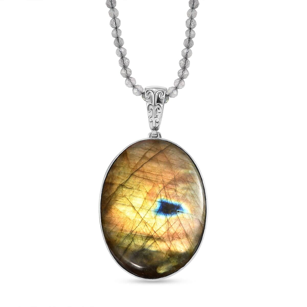 Karis Madagascar Fire Labradorite 145.40 ctw Pendant with Beaded Necklace in Platinum Bond 20 Inches image number 0