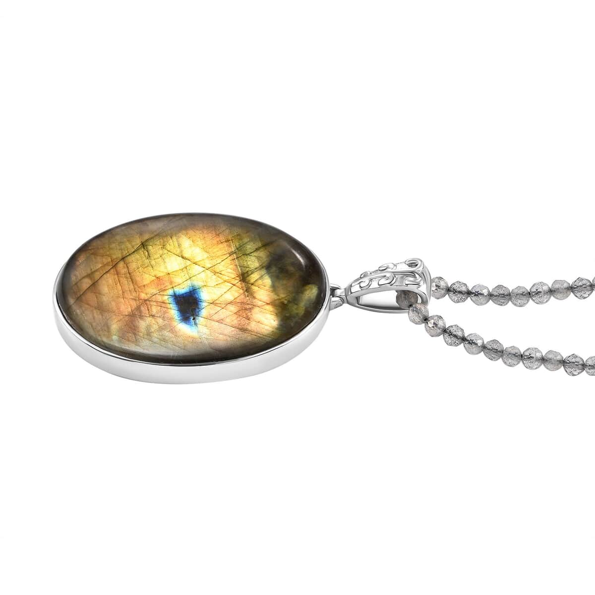 Karis Madagascar Fire Labradorite 145.40 ctw Pendant with Beaded Necklace in Platinum Bond 20 Inches image number 3