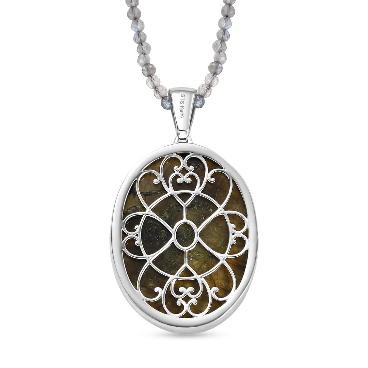 Karis Madagascar Fire Labradorite 145.40 ctw Pendant with Beaded Necklace in Platinum Bond 20 Inches image number 4