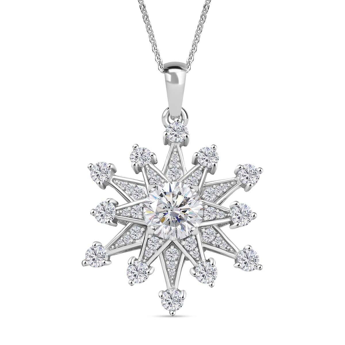 Crisantemo Cut Moissanite 3.60 ctw Snowflake Pendant Necklace in Rhodium Over Sterling Silver 20 Inches image number 0