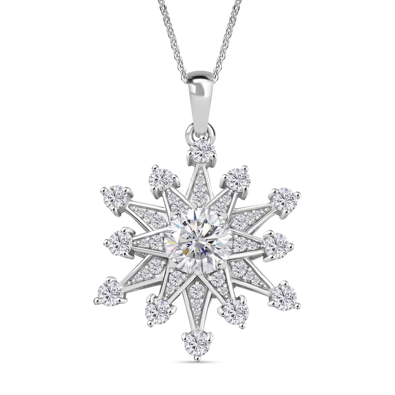 D'Joy Crisantemo Cut Moissanite 3.50 ctw Snowflake Sparkle Pendant Necklace in Rhodium Over Sterling Silver 20 Inches