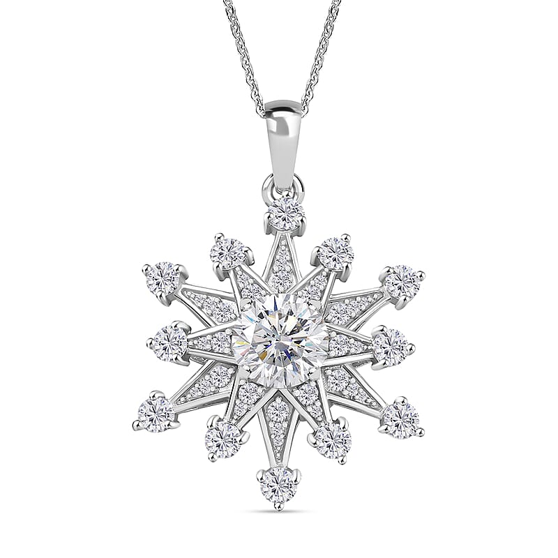 D'Joy Crisantemo Cut Moissanite 3.50 ctw Snowflake Sparkle Pendant Necklace in Rhodium Over Sterling Silver 20 Inches