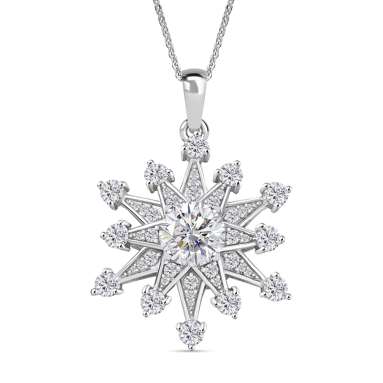 D'Joy Crisantemo Cut Moissanite 3.50 ctw Snowflake Sparkle Pendant Necklace in Rhodium Over Sterling Silver 20 Inches