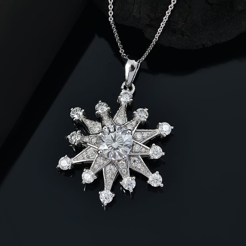 D'Joy Crisantemo Cut Moissanite 3.50 ctw Snowflake Sparkle Pendant Necklace in Rhodium Over Sterling Silver 20 Inches